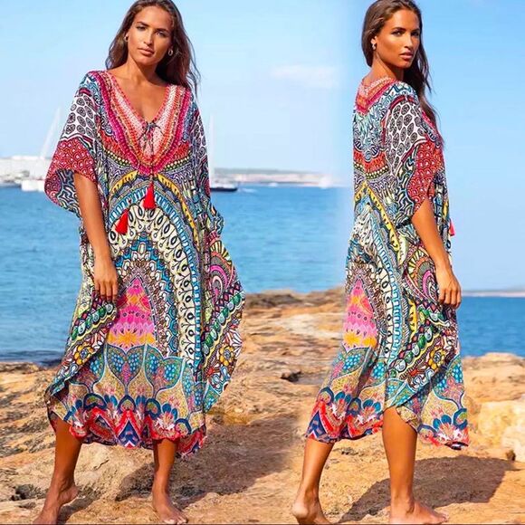 Bohemian Tassel Lace Up Maxi Summer Kaftan Caftan Dress One Size - Picture 5 of 5